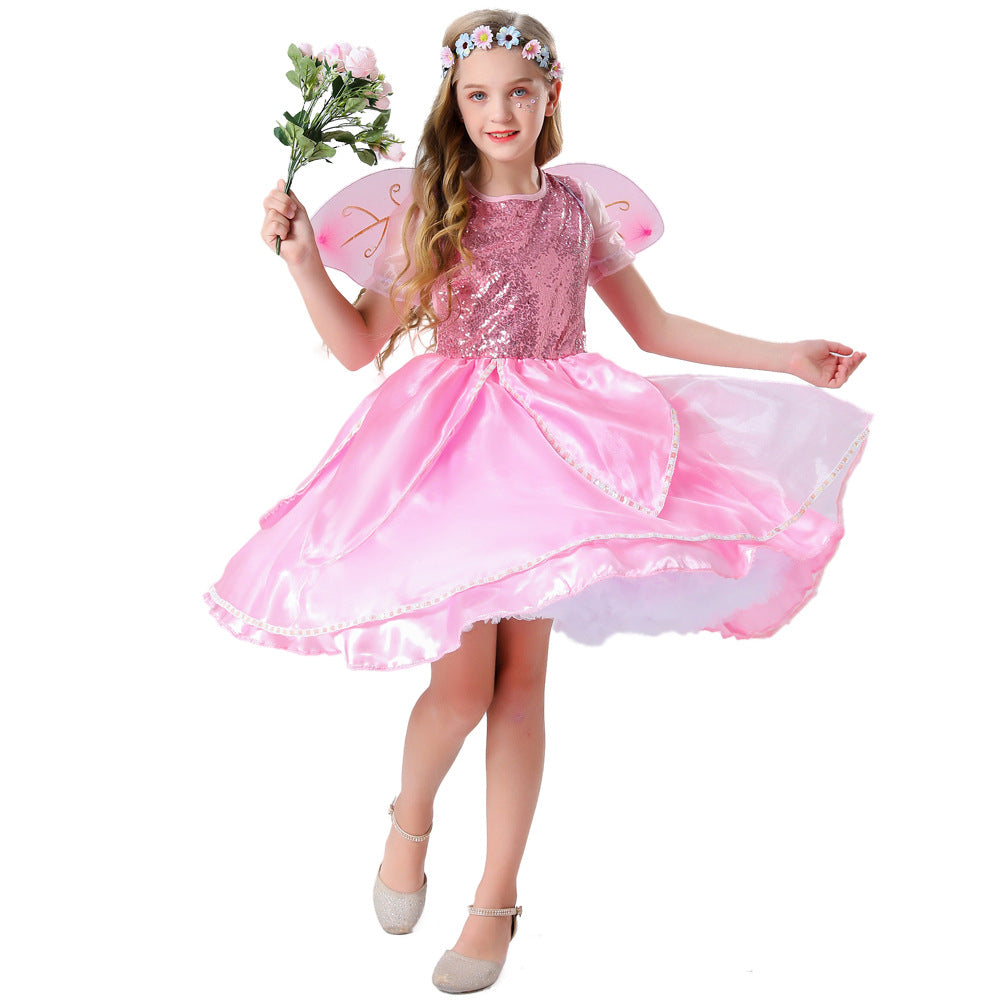 2023 Child Elf Princess Costume Girls Pink Flower Fairy Costume With W