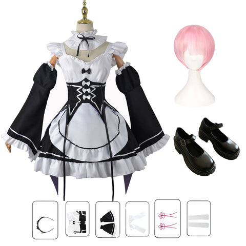 Anime Re:Zero − Starting Life in Another World Ram Full Set Cosplay Dress+Wigs+Shoes Halloween Carnival Cosplay Outfit