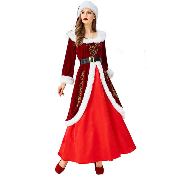 2022 New Christmas Santa Costumes Vintage Floor Length Dress with Santa Hat for Women