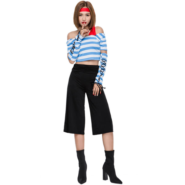 Fashion Seven Points Wide Leg Pants Blue And White Pirate Costume Halloween/Stage Performance/Party Women
