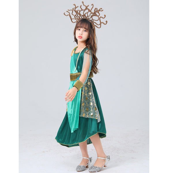 2023 Child Ancient Greek Mythology Snake Hair Banshee Costume Girls Medusa Green Dress Halloween Costumes