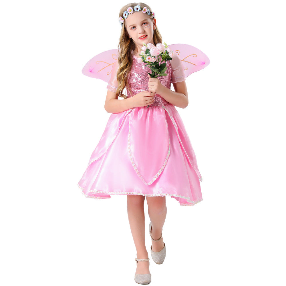 2023 Child Elf Princess Costume Girls Pink Flower Fairy Costume With Wings Fairy Godmother Cosplay Performance Costume