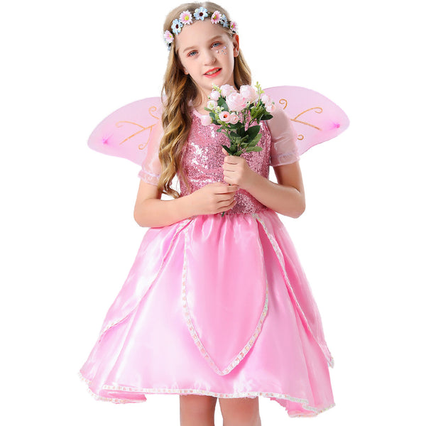 2023 Child Elf Princess Costume Girls Pink Flower Fairy Costume With Wings Fairy Godmother Cosplay Performance Costume