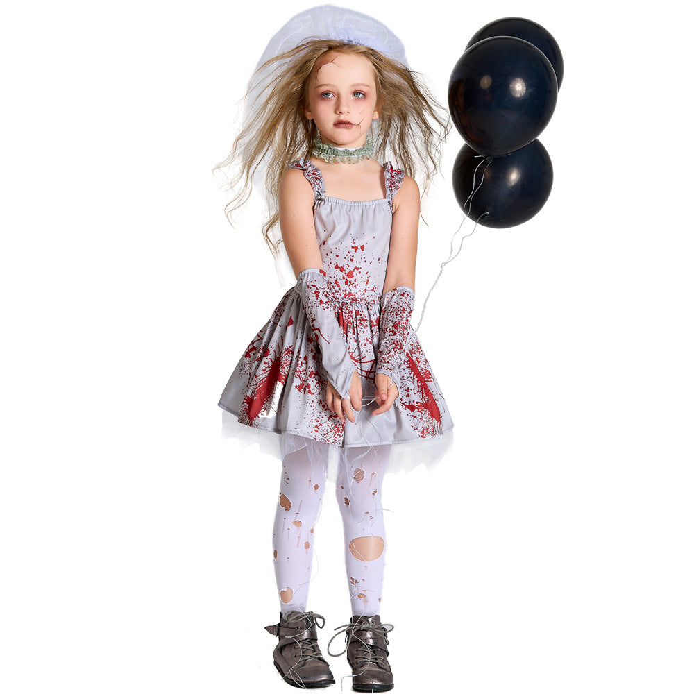 2023 Halloween Costume Child Scary Gray Bloodstained Ghost Bride Costume Girl's Masquerade Dress Sling Tutu