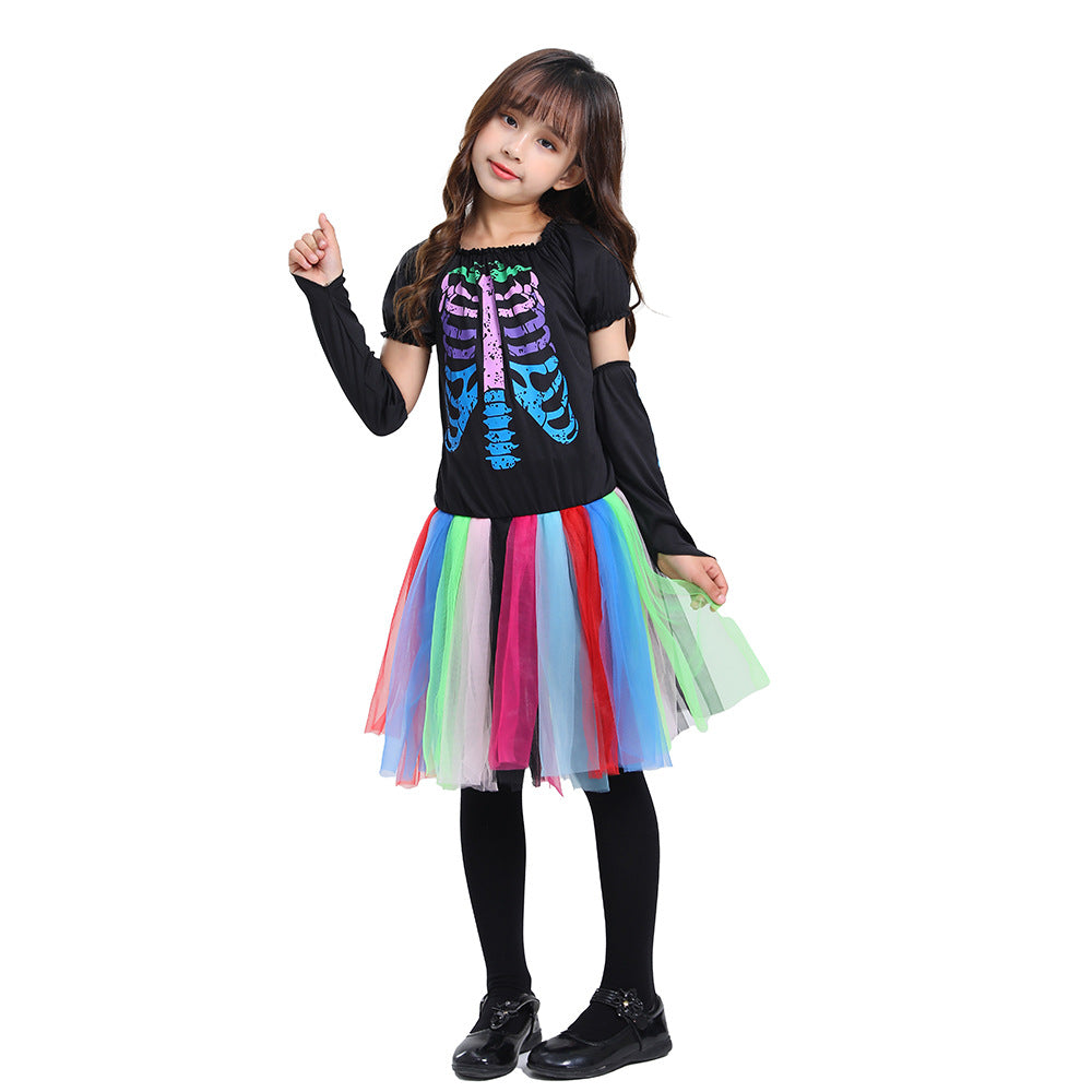 2023 Halloween Kids Colorful Neon Skeleton Costume School Party Halloween Girls Mesh Dress Costume