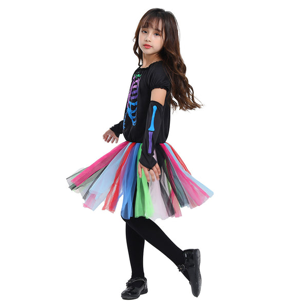 2023 Halloween Kids Colorful Neon Skeleton Costume School Party Halloween Girls Mesh Dress Costume