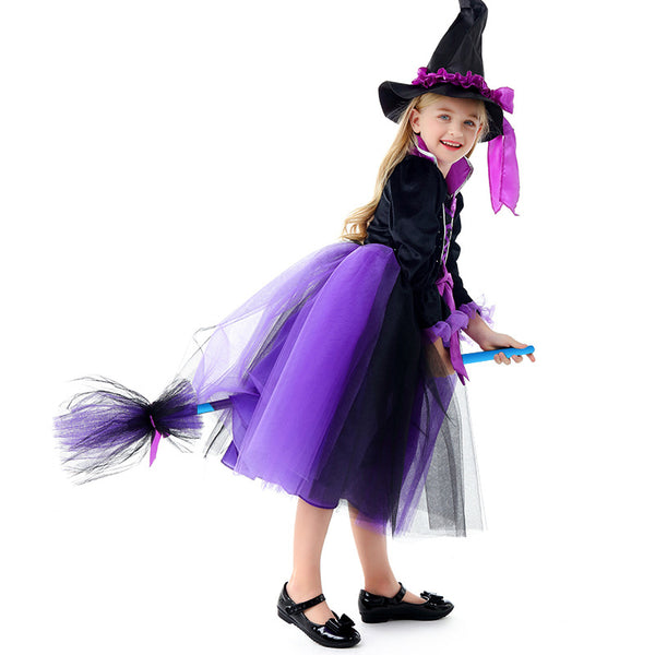 2023 Halloween Kids Costume Girls Wizard Glow Purple Dress Witch Princess Mesh Dress Performance Costume