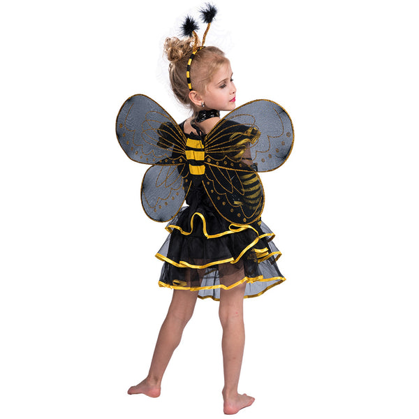 2023 Halloween Kids Girls Bee Costume Black Bee Dress with Wings Cosplay Costume