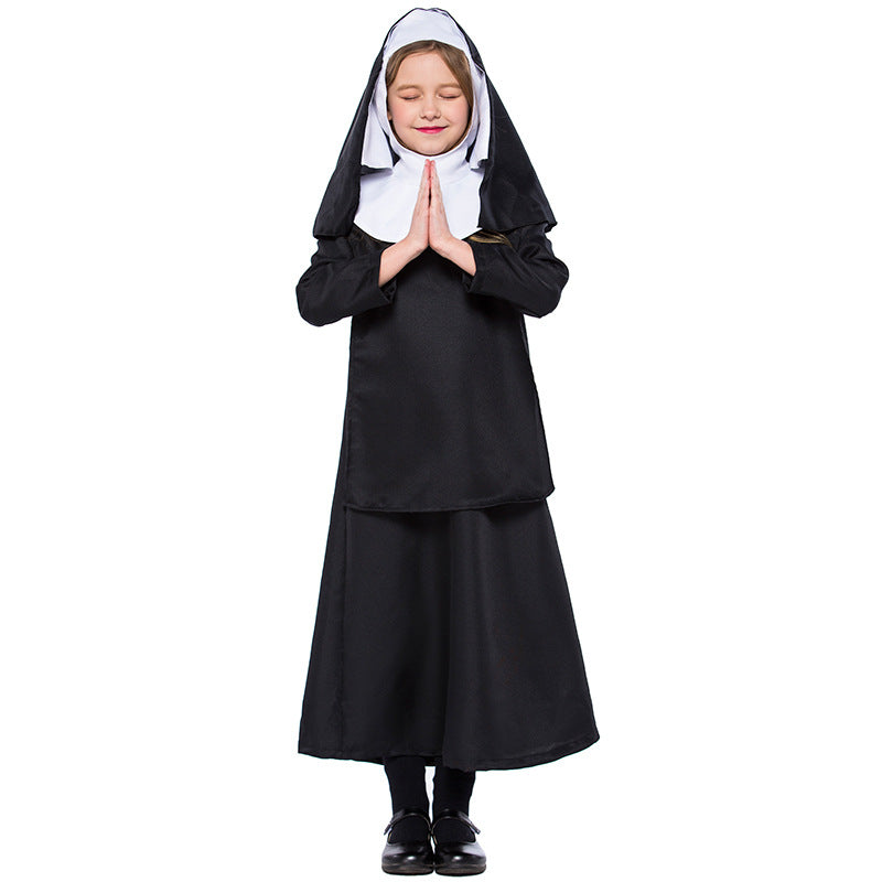 2023 Halloween Kids Girls Black Nun Cosplay Costume Halloween Carnival Drama Performance Costume