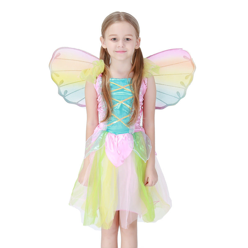 2023 Kids Cute Rainbow Angel Dress Costume Halloween Girls Princess Dress With Wings Stage Performance Costumes