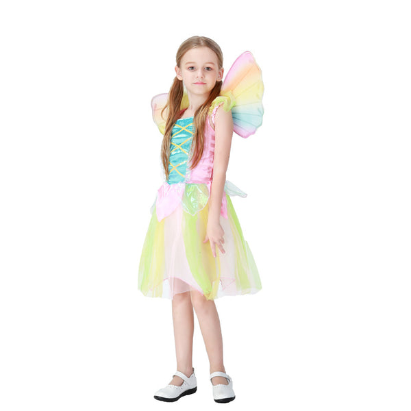 2023 Kids Cute Rainbow Angel Dress Costume Halloween Girls Princess Dress With Wings Stage Performance Costumes