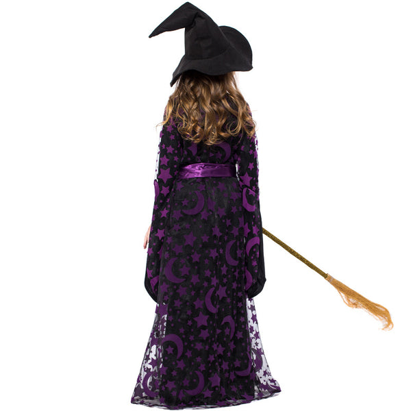 2023 Kids Girls Purple Witch Costume Purple Star and Moon Printed Witch Long Dresses Stage Performance Costumes