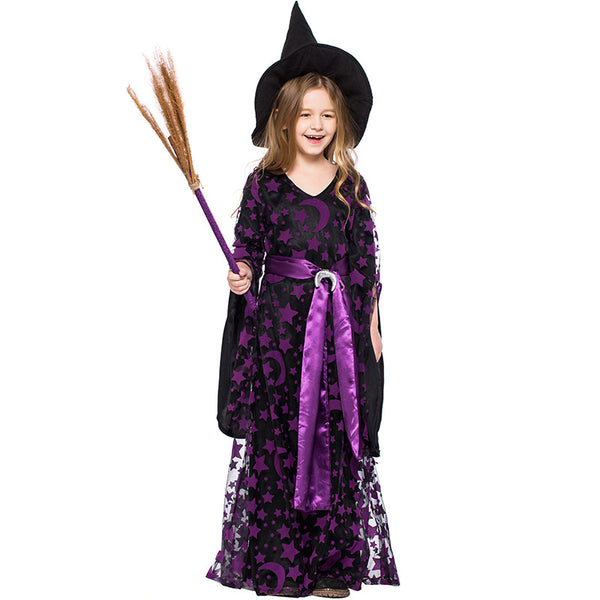 2023 Kids Girls Purple Witch Costume Purple Star and Moon Printed Witch Long Dresses Stage Performance Costumes