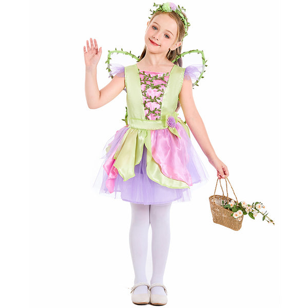 2023 Kids Halloween Butterfly Wings Princess Dress With Wings Costume Girls Pink Flower Fairy Stage Costume