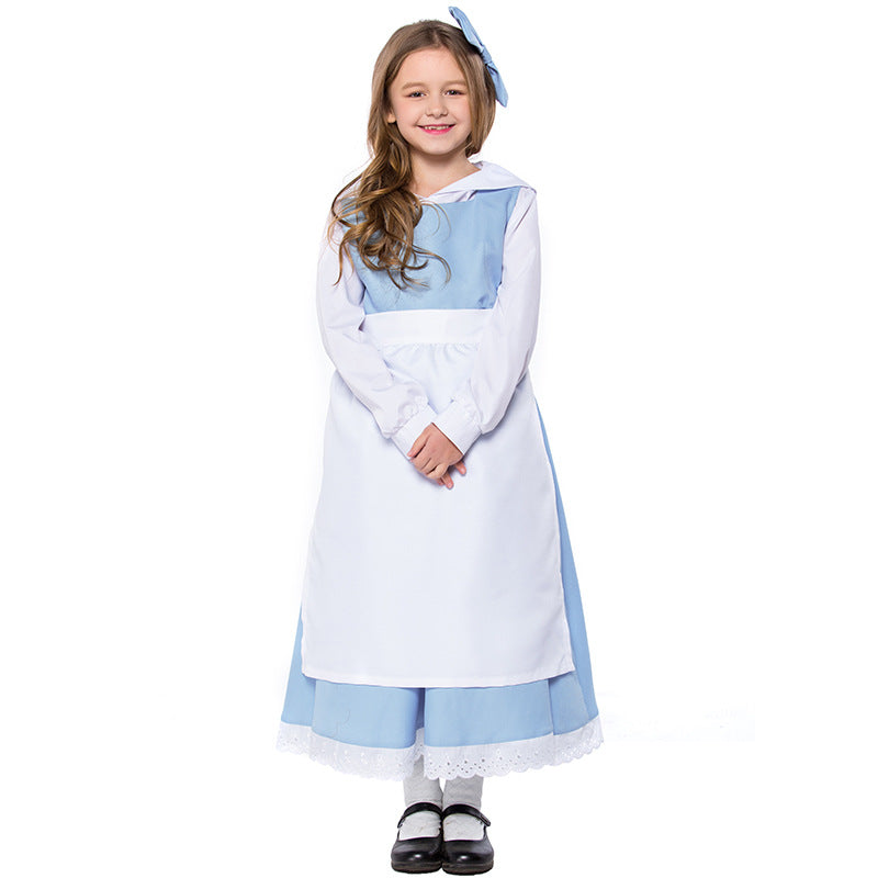 2023 Kids Halloween Costumes Belle Blue and White Dress Costume Girls Halloween Stage Performance Costume