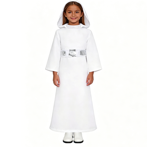 Children's Princess Cosplay Costume Girls Leia Costume Dress White Tunic Hooded Robe Halloween Kids Outfit