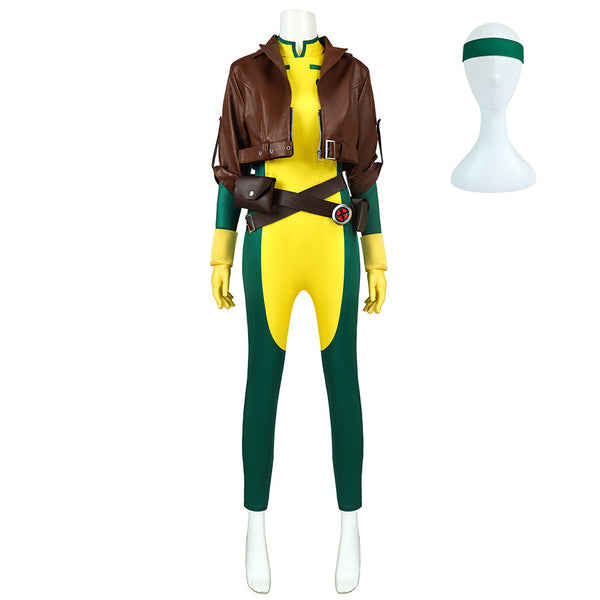 90s Comic Heroine Jumpsuit with Crop Jacket Women's Green and Yellow Hero Cosplay Costume for Halloween Party
