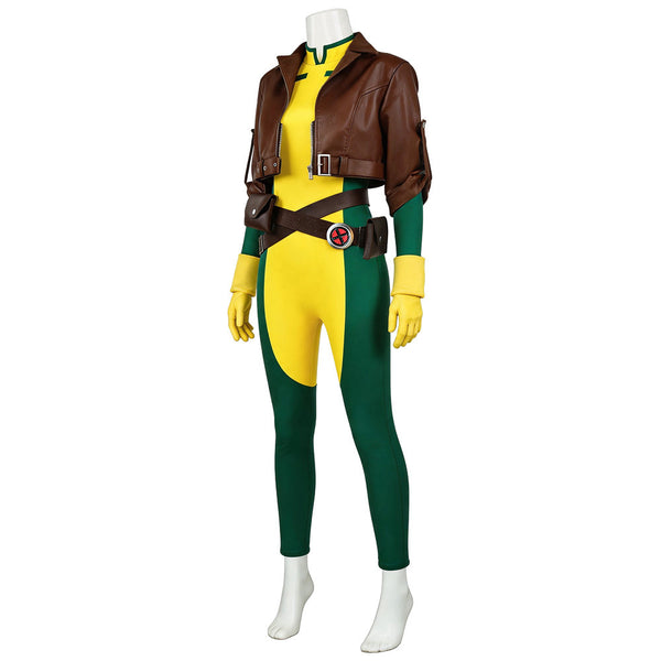 90s Comic Heroine Jumpsuit with Crop Jacket Women's Green and Yellow Hero Cosplay Costume for Halloween Party