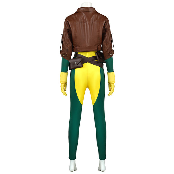90s Comic Heroine Jumpsuit with Crop Jacket Women's Green and Yellow Hero Cosplay Costume for Halloween Party