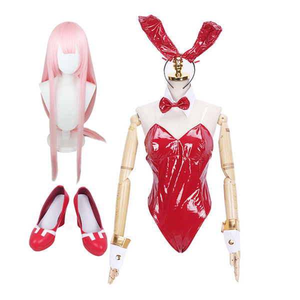 Anime Darling in the Franxx Zero Two 002 Bunny Girl Outfit Cosplay Costume Full Set With Wigs and Cosplay Shoes Set