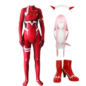 Anime Darling in the Franxx Zero Two 002 Whole Set Costume Jumpsuit+Wigs+Boots Halloween Cosplay Zentai Outfit Set