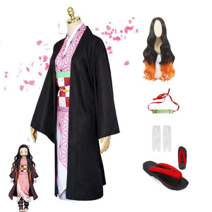 Anime Demon Slayer Costume Kamado Nezuko Full Set Cosplay Costume With Wigs and Wooden Clogs Shoes Halloween Costume Outfit Set