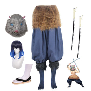 Anime Inosuke Full Set Costume+Wigs+Shoes+Mask+Double Blades Weapon Halloween Cosplay Outfit Whole Set