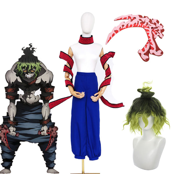 Anime Demon Slayer Kimetsu no Yaiba Upper Rank Six Gyutaro Full Set Costume With Wigs and Weapons Props