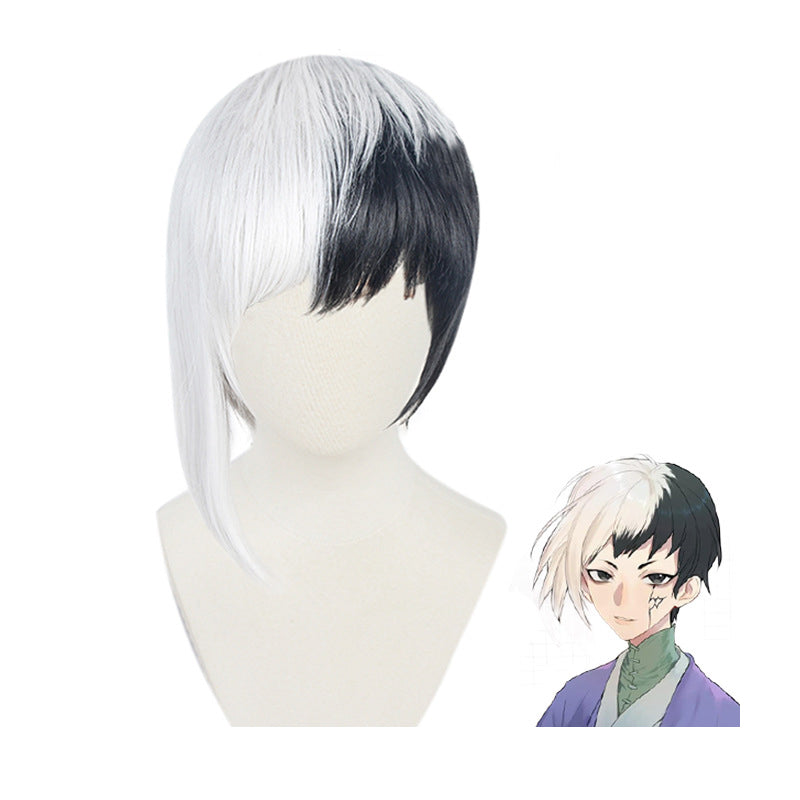 Anime Dr.Stone Gen Asagiri Cosplay Wigs Black and White Costume Wigs Accessories