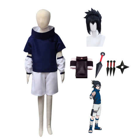 Anime Sasuke Uchiha Part 1 Childhood Costume Full Set With Wigs and Kunai Shuriken Costume Accessories Set