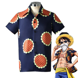 Anime One Piece Dressrosa Arc Straw Hat Monkey D. Luffy Disguise Costume Shirt Sunflower Print Shirt