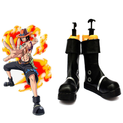 Anime One Piece Fire Fist Portgas D. Ace Cosplay Boots Black PU Leather Costume Shoes