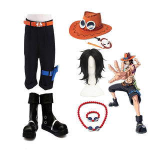 Anime One Piece Fire Fist Portgas D. Ace Full Set Cosplay Costume Outfit With Wigs and Boots Halloween Costume Set