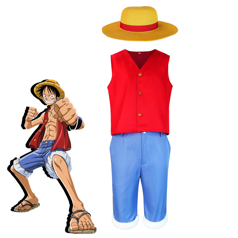 Anime One Piece Monkey D. Luffy Initial Costume Halloween Cosplay Outfit With Hat