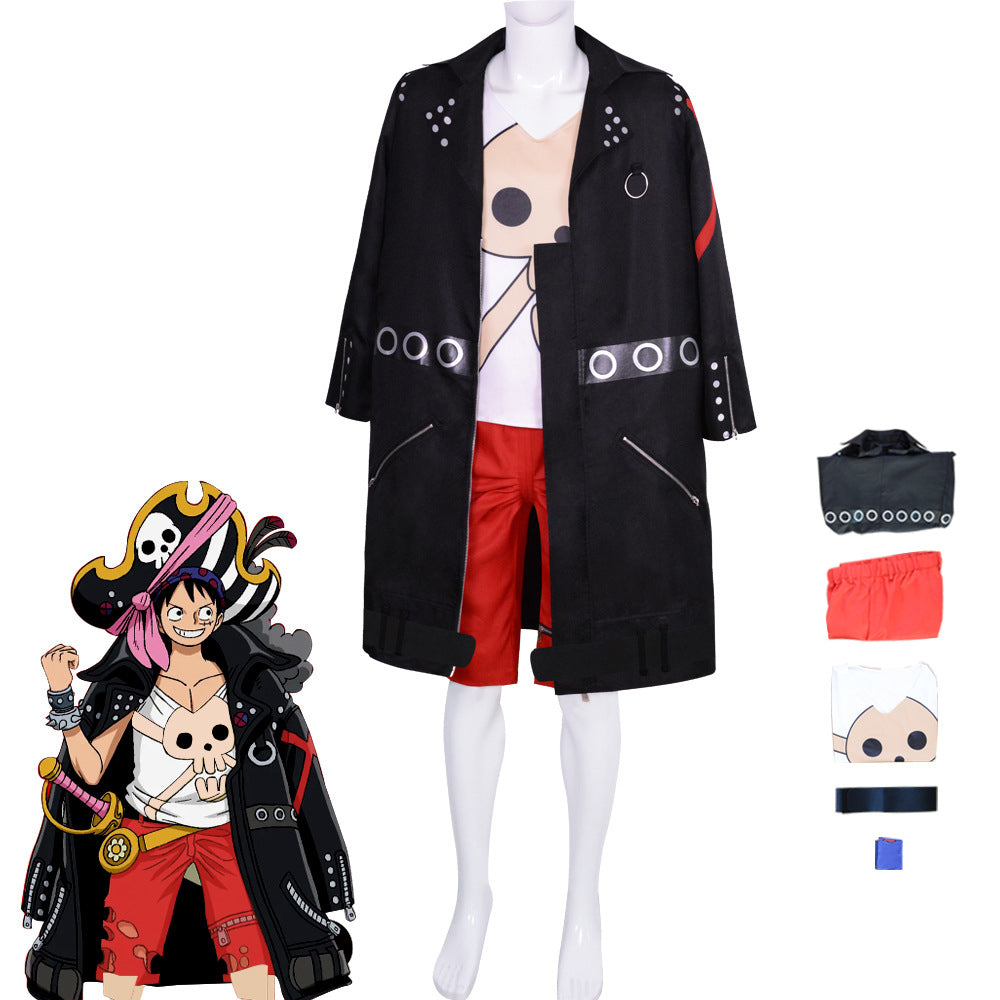 Anime One Piece Movie Red Monkey D. Luffy Costume With Cloak Full Set Cosplay Outfit