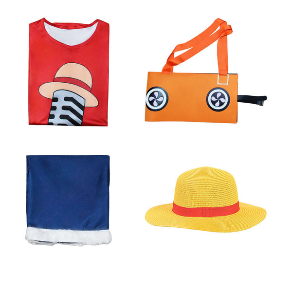 Anime One Piece Movie Red Straw Hat Monkey D. Luffy Costume Outfit With Hat Full Set For Kids and Adults