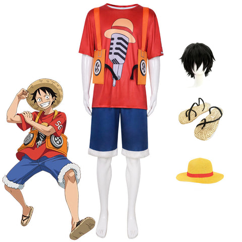 Anime One Piece Movie Red Straw Hat Monkey D. Luffy Costume With Wigs and Straw Shoes Whole Set Cosplay Outfit