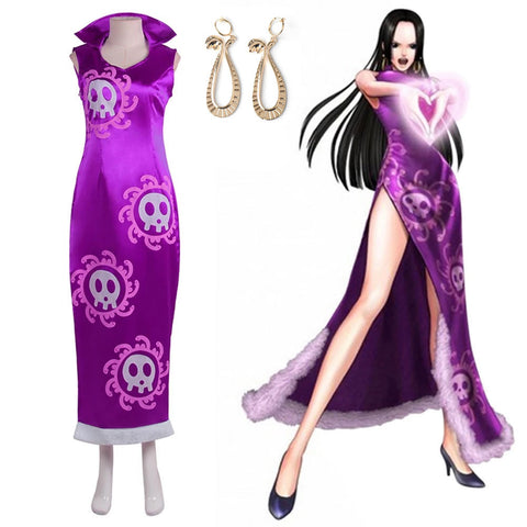 Anime One Piece Pirate Empress Boa Hancock War Clothes Costume Halloween Cosplay Purple Dress With Earrings