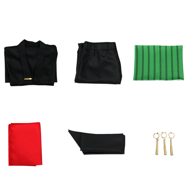 Anime One Piece Wano Country Roronoa Zoro Whole Set Costume Black Outfit With Wigs and Cosplay Shoes Cosplay Outfit Set