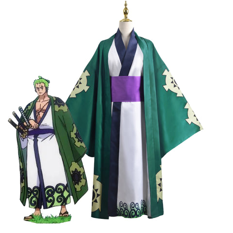 Anime One Piece Wano Country Roronoa Zoro Costume Kimono With Green Cloak Halloween Cosplay Outfit