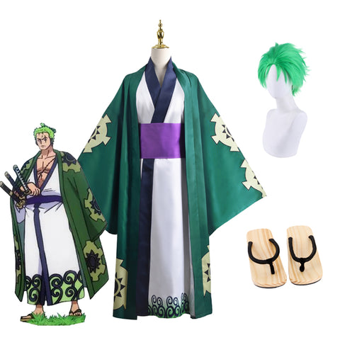 Anime One Piece Wano Country Roronoa Zoro Full Set Kimono Costume With Wigs and Wooden Clogs Set