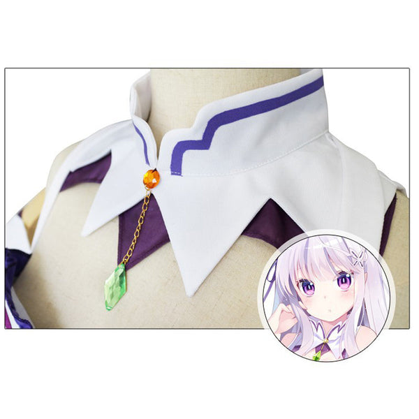 Anime Re:Zero − Starting Life in Another World Emilia Costume Dress Outfit+Wigs+Boots Whole Set Halloween Cosplay Costume
