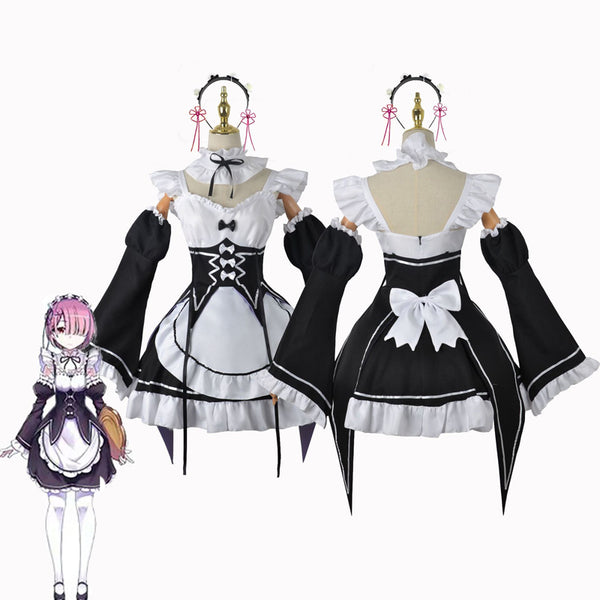 Anime Re:Zero − Starting Life in Another World Ram Full Set Cosplay Dress+Wigs+Shoes Halloween Carnival Cosplay Outfit