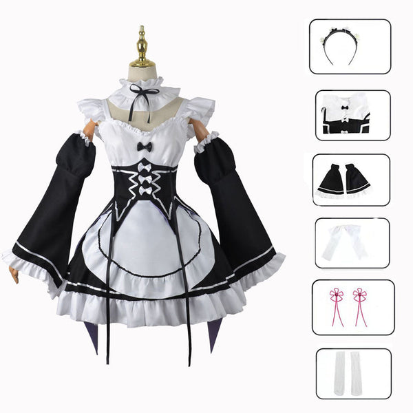 Anime Re:Zero − Starting Life in Another World Rem Full Set Costume Dress+Wigs+Shoes Halloween Cosplay Outfit Set