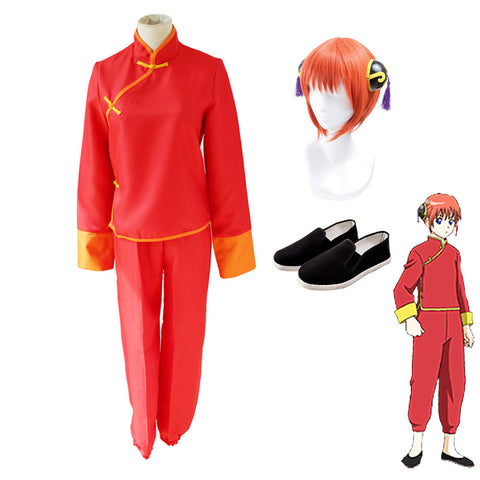 Anime Silver Soul Gintama Kagura Full Set Costume Kung Fu Suit With Wigs and Shoes Halloween Carnival Outfit