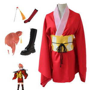 Anime Silver Soul Gintama Kagura Kimono Costume Dress Full Set With Wigs and Shoes Halloween Outfit Set