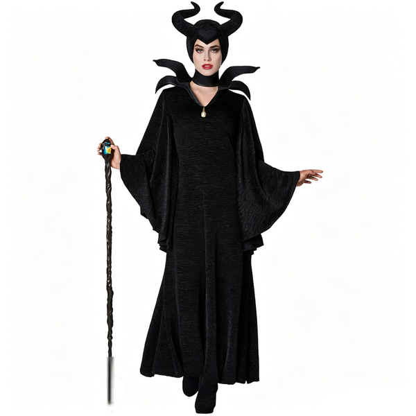 Black Gothic Witch Costume Set With Horn Headpiece for Women Halloween Evil Queen Costume Dress Up