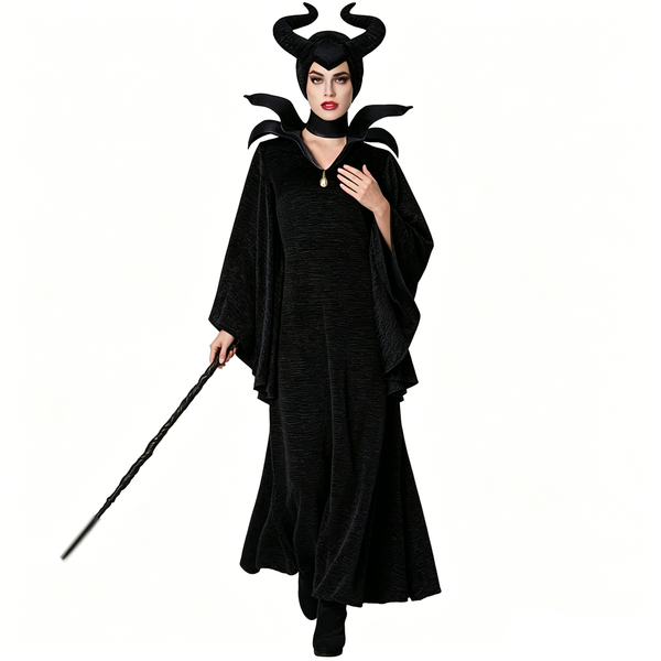 Black Gothic Witch Costume Set With Horn Headpiece for Women Halloween Evil Queen Costume Dress Up