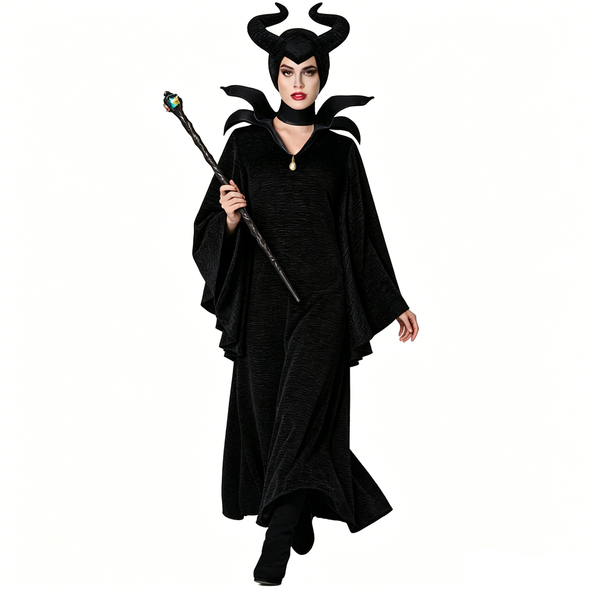 Black Gothic Witch Costume Set With Horn Headpiece for Women Halloween Evil Queen Costume Dress Up