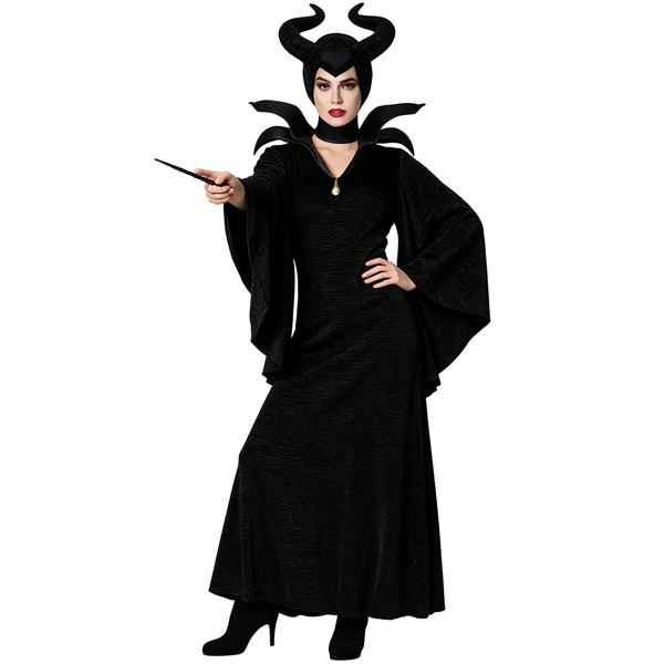 Black Gothic Witch Costume Set With Horn Headpiece for Women Halloween Evil Queen Costume Dress Up